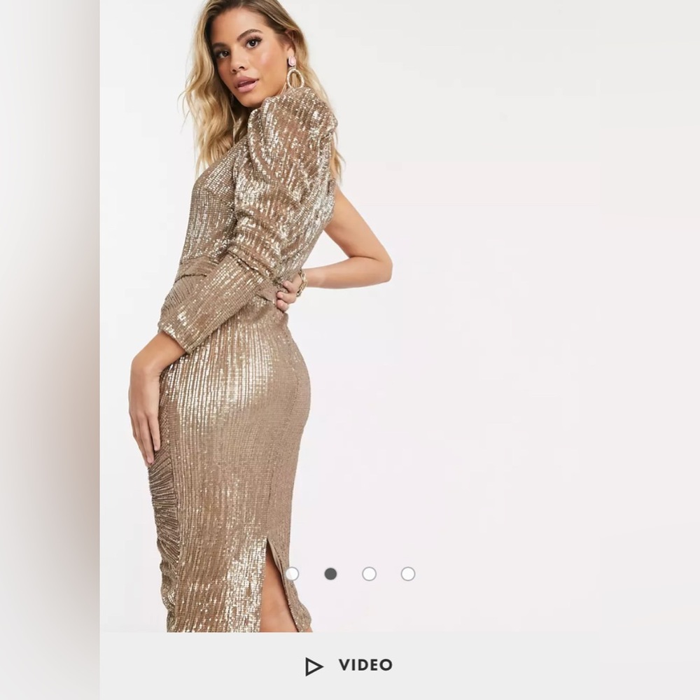 Lavish Alice structured one shoulder sequin midi dress in gold
